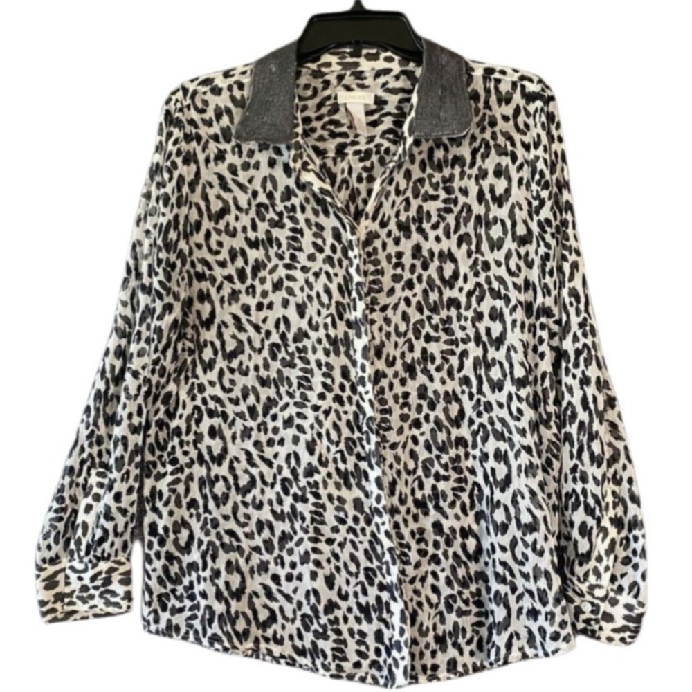 Chicos Button Up Shirt Woman's 2 Black‎ White Sheer Long Sleeves Sequins Coloard